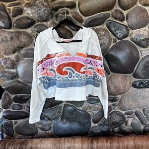Free People White Red/Coral/Dusty Blue Graphic Crop Long Sleeve Sweatshirt